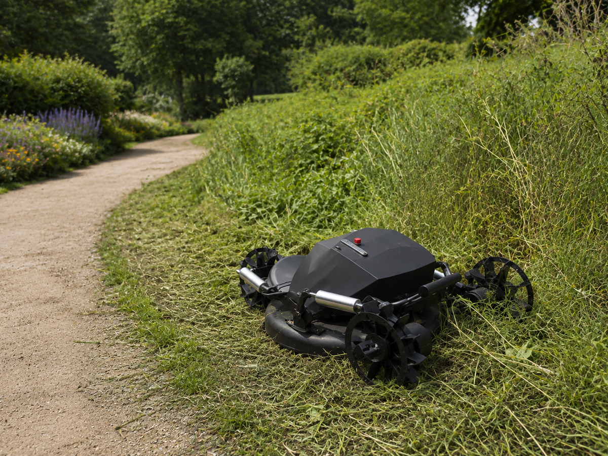 SmartPlen Grator Lowrider, svart firehjuls robotklipper med piggdekk i gressbakke ved grusti i grønn park